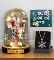 İsimli 3 Fotoğraflı Işıklı Fanus ve Gerçek Ametist Taşlı Lotus Kolye (Model 9)