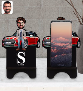 BK Gift Kişiye Özel Plakalı Erkek Mini Cooper Karikatürlü Ahşap Biblo Telefon Standı-1