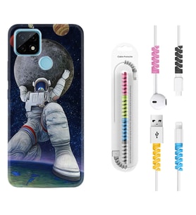 Realme C11 C21 C21Y C25Y C11 2021 Kılıf Kablo Koruma Spiral Silikon Astronot ve Dünya 1759
