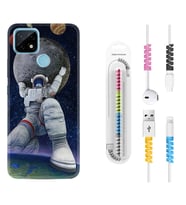Realme C11 C21 C21Y C25Y C11 2021 Kılıf Kablo Koruma Spiral Silikon Astronot ve Dünya 1759