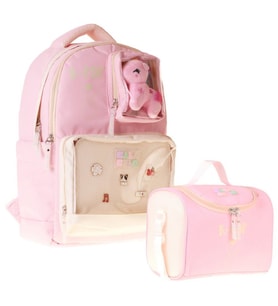 CalaCilo Kız Çocuk İlkokul Sırt Çantası ve Beslenme Seti - K-Pop Pink Pembe Peluş Aksesuarlı Pembe SETCC-C4107B
