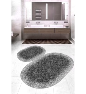 Dijital Baskılı Kaymaz Taban Yıkanabilir Oval 2'li Klozet Takımı Banyo Paspası NOKZ-HT-244 (Siyah)