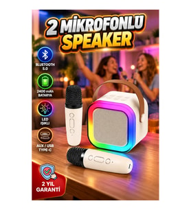 2400 mAh Bataryalı Bluetooth 5.0 Kablosuz Karaoke Hoparlör – Mikrofonlu, LED Işıklı, Type-C, AUX ve