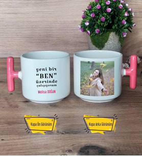 Motto Yeni Bir Ben Kupa Bardak Fotoğraflı T Pembe Kulplu Arkadaşa Hediye 