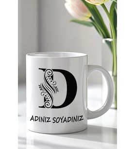 Kişiselleştirilebilir D Harfi Tasarımlı 330ml Baskılı Beyaz Seramik Kupa Bardak (Siyah Beyaz Baskili)