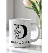 Kişiselleştirilebilir D Harfi Tasarımlı 330ml Baskılı Beyaz Seramik Kupa Bardak (Siyah Beyaz Baskili)