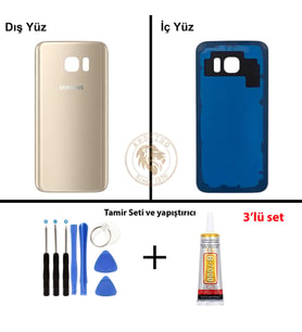 Samsung Galaxy S7 Gold Renk Arka Kapak + Tamir Seti + B7000 Yapıştırıcı Arka Cam Batarya Kapağı Pil Kapağı Lazer Kesim Back Cover Galaxy S7 Uyumlu