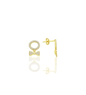 Gümüş altın yaldızlı zirkon taşlı sallantılı fiyonk küpe SGTL12775GOLD