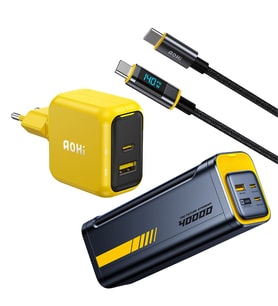 Aohi Magcube 67W 2 Portlu Şarj Adaptörü, 40.000 mAh 140W PD3.1 Powerbank, 140W LED Ekranlı Naylon Örgülü Süper Hızlı Şarj/Data Kablosu Seti