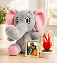 Kişiye Özel Fotoğraflı LED Işıklı Kalpli Fanus ve Peluş Fil Kadına Sevgiliye Hediye