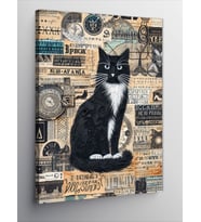 Kanvas Tablo Siyah Kedi Ve Vintage Para Deseni