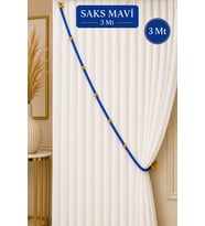 Saks Mavi Kruvaze Perde Tavan Korniş Bağlama Halatı - Gold Detaylı - Perde Süsü - 3 Metre - 1 Adet
