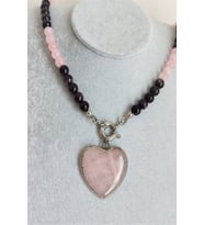 8 MM AMETİST , PEMBE KUVARS KALP DOĞALTAŞ KOLYE