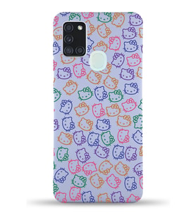 Samsung Galaxy A21s Uyumlu Lansman Kılıf Hello Kitty Tasarımlı İçi Kadife Kapak-Lila (Şeffaf)