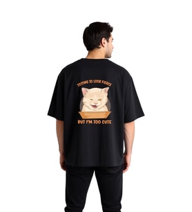 Erkek Oversize Baskılı Tişört Kedi Desen Komik Yazı Detaylı Rahat Kesim Günlük Giyim Modern Şık
