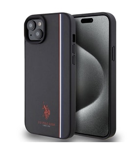Apple iPhone 15 Plus Uyumlu Kılıf U.S. Polo Assn. Orjinal Lisanslı Üç Renk Şerit Tasarımlı Baskı Logolu Kapak (Siyah)