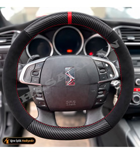 DS Automobiles DS 4 Dikme Direksiyon Kılıfı Alcantara Süet Mat Karbon Kırmızı Yüzük ve Dikiş Chic-So Chic-Elegance 2015-2018