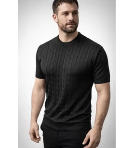 Erkek Yazlık Triko Dokuma Tişört Kısa Kol Bisiklet Yaka Örgü Desenli T-Shirt - Siyah