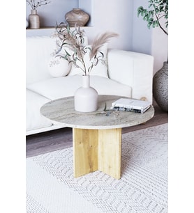 Orta Sehpa, İskandinav Stil, Bohem, 72 cm - Traverten & Meşe