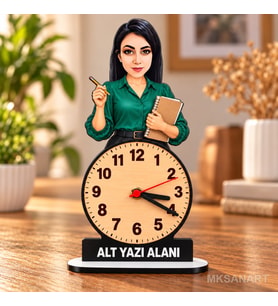 Fotoğraftan Kişiye Özel Kadın Öğretmen Karikatürlü 18 cm MDF Dikey Masa Saati - Öğretmen Hediyesi Öğretmenler Günü Hediyesi Yeşil