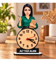 Fotoğraftan Kişiye Özel Kadın Öğretmen Karikatürlü 18 cm MDF Dikey Masa Saati - Öğretmen Hediyesi Öğretmenler Günü Hediyesi Yeşil