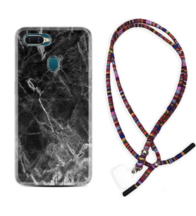 Oppo A5S A15 A16 A54 A55 A73 A74 Kılıf Boyun Asklı Rasta Silikon Kara Mermer 1375