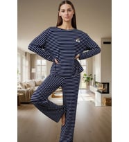 Viskon Pijama Takımı Çizgili Rahat ve Şık Kışlık Özel Tasarım (Lacivert)