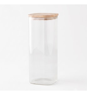Borosilikat Kare Cam Saklama Kavanozu, Bambu Kapaklı Vakumlu Erzak Kavanozu, Çizgili Cam Kavanoz, 10 x 25 cm, Makarna, Bakliyat, Kahve ve Kuruyemiş İçin