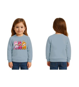 Unisex Labubu Baskılı Çocuk Swaetshirt 3 İplik Şardonlu (Mavi)