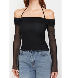 Moda Carmen Yaka Örme Regular Düz Desen Casual Günlük Crop Uzun Kol Bluz (Siyah)