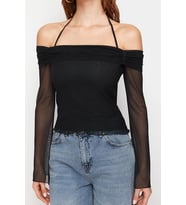 Moda Carmen Yaka Örme Regular Düz Desen Casual Günlük Crop Uzun Kol Bluz (Siyah)