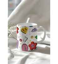 Chill Kalp Emoji Tasarımlı 330ml Baskılı Beyaz Seramik Kupa Bardak