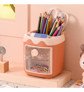 Sevimli Masaüstü Kalemlik Kawaii Kapaklı Mini Dolaplı Kalemlik - Turuncu