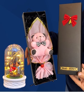 Kişiye Özel İsimli Kutuda Pembe Peluş Ayıcık ve Led Işıklı Biblolu Fanus (Model 4)