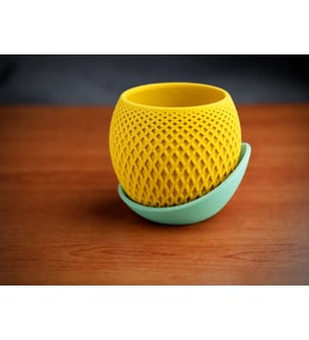3D Baskı Küre Saksı - Kafes Dokulu İki Parçalı Dekoratif Saksı - Sarı-Mint