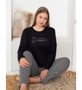 Pijamoni Kadın Milan Büyük Beden Bisiklet Yaka Uzun Kol İnce Pijama Takımı 7666/12- 1 Adet (Siyah)