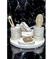 betonmall Bej Mermer Desen Beton Banyo Seti Organizer Diş Fırçalık