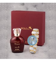 Polo Air Lüx Taşlı Kadın Kol Saati Parfüm Bordo Hediyelik Kutsunda Set Mavi Gold Renk ST-2173S4 (Mavi-Sarı)