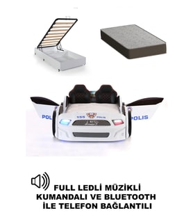 Bazalı Türk Polis Arabalı Yatak Kapıları Açılan Mst Full Ledli Kumandalı ve Müzikli+Ortopedik Yatak