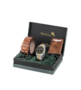 Polo Air Mercek Takvimli Erkek Kol Saati Otomatik Mekanizmalı Cüzdan Kemer Taba Set Gümüş Gold Renk PL-7057E4