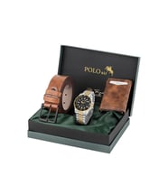 Polo Air Mercek Takvimli Erkek Kol Saati Otomatik Mekanizmalı Cüzdan Kemer Taba Set Gümüş Gold Renk PL-7057E4 (Siyah-Gümüş-Altın)