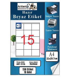 A4 Hazır Etiket 70x56 mm 10 Sayfa 1 Paket 15 li Kendinden Yapışkanlı Fotokopi Lazer İnkjet Kağıdı Yazıcılar İçin Uyumlu (Beyaz)