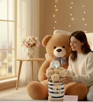 Premium 90 cm Peluş Ayı ve Silindir Kraft Kalpli Kutuda, Kalpli Balonlu 6’lı BOZ Ayıcık Buketi