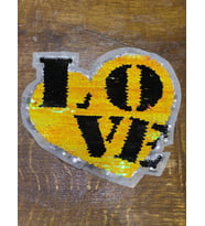 18X15 CM PUL PAYETLİ LOVE SARI KALP APLİKE ARMA YAMA DİKİŞ AKSESUARI