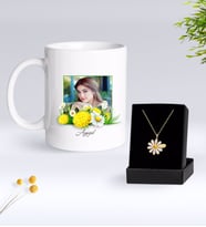 BK Gift Kişiye Özel Papatya Temalı Fotoğraflı Kupa ve Papatya Kolye Seti-1 (Model 1)
