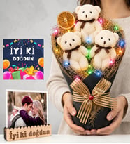 Doğum Günü Hediyesi Kişiye Özel Fotoğraflı Renkli LED Işıklı Krem Peluş Ayıcık Buketi