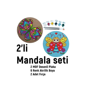 2'li Mandala Boyama Seti- Okul-aile Etkinliği-2 Ham Mdf Plaka, 6 Renk Boya,2 Fırça Model-29