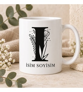 Kişiye Özel Baş Harf ve İsim Yazılı Çiçek Motifli I Harfli Seramik Kupa Bardak