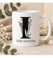 Kişiye Özel Baş Harf ve İsim Yazılı Çiçek Motifli I Harfli Seramik Kupa Bardak