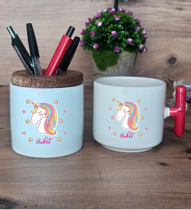 Unicorn Hediye Sepeti Kupa Bardak T Kulplu, Kalemlik Hediyeleri Kadın Arkadaşa Doğum Günü Hediyesi (Model 1)